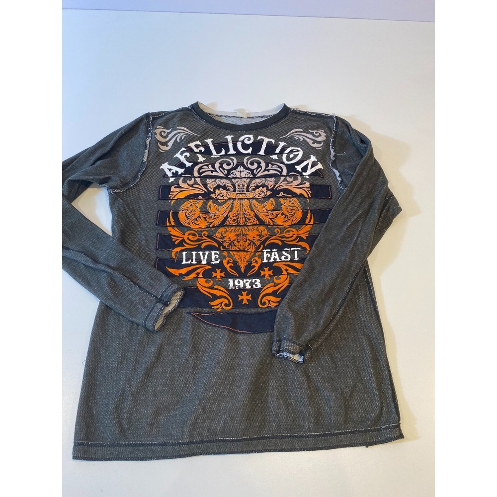 Affliction Shirt Mens XL Black Grey Thermal Reversible Live Fast Cross READ DISC